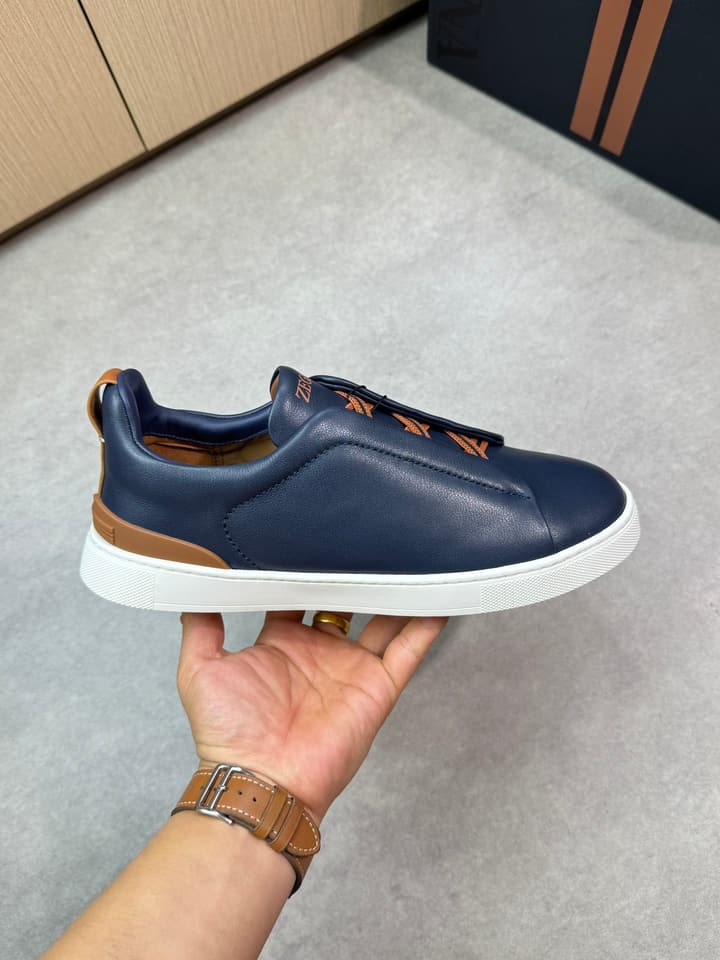 Zegna Triple Stitch Nappa Leather Slip-On Sneakers in Black