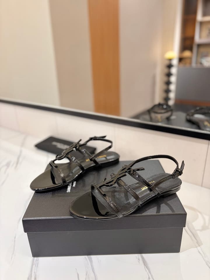 Saint Laurent YSL Metal Logo Heeled Sandals in Matte Black Criss-cross Strap Sandal