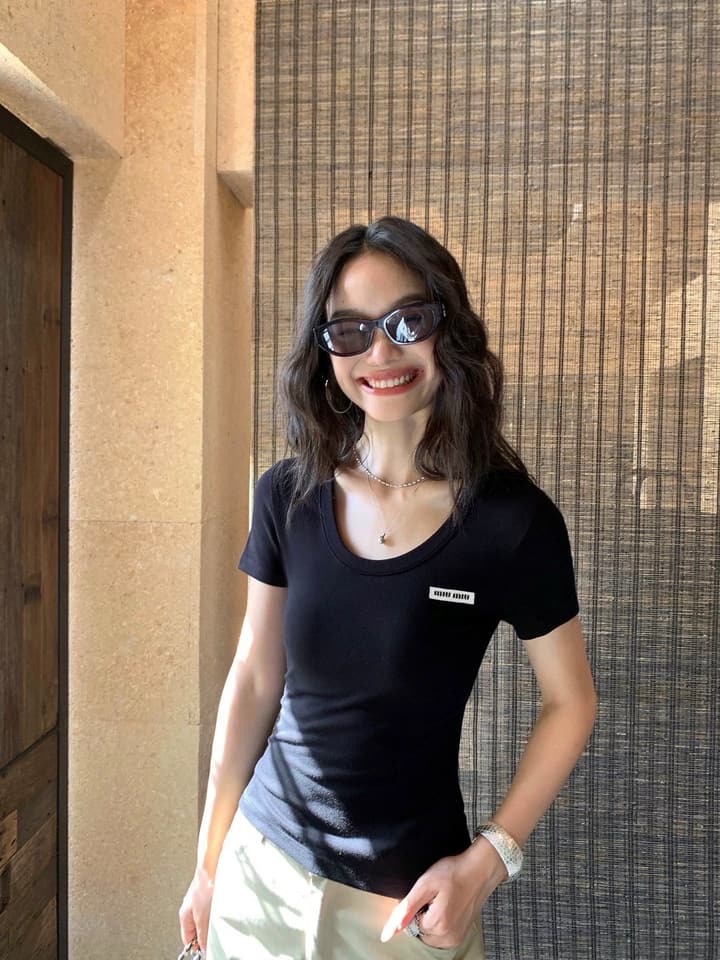 Miu Miu Ribbed U-Neck T-Shirt in Black
