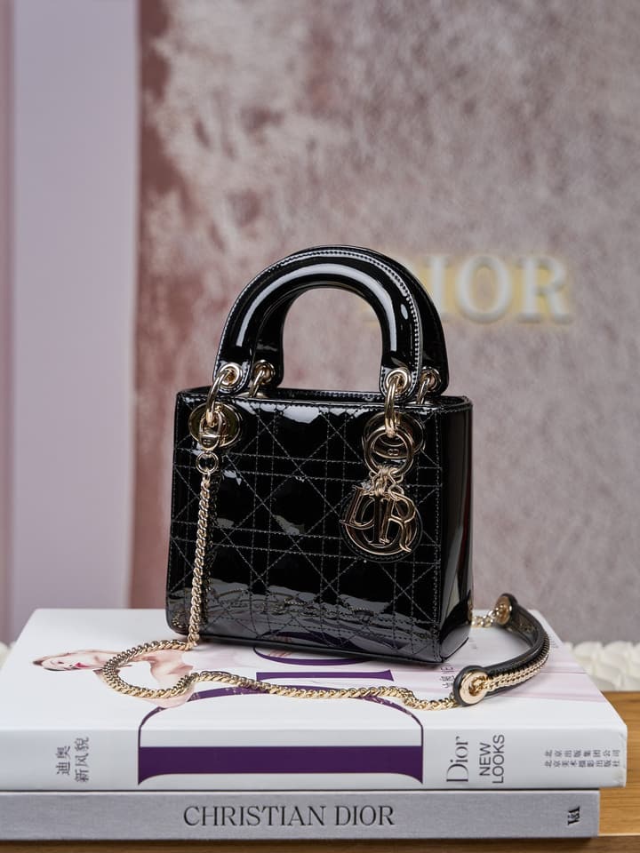 Dior Lady Dior Mini Patent Crossbody Bag in Cherry Red Patent