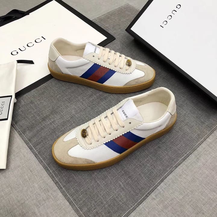 Gucci High-End Casual Leather Sneakers in White Pearlescent With Web Stripe