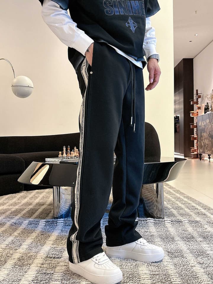 Prada Classic Logo Casual Pants – 2025FW in Black With White Side Stripe