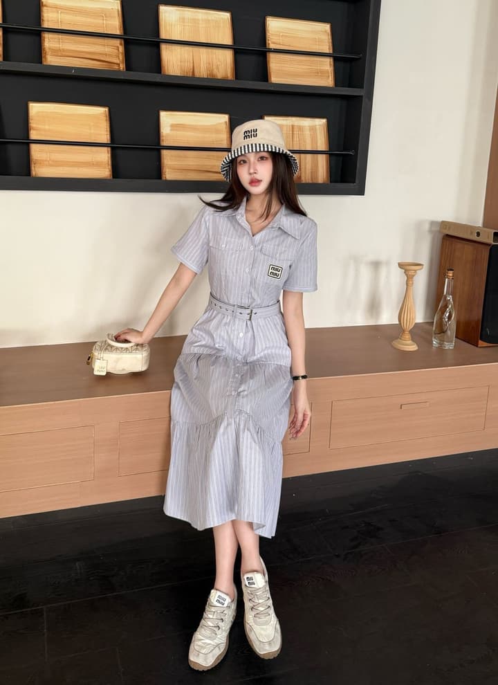 Miu Miu Striped Short-Sleeve Tiered Dress – Spring/Summer Collection in Light Blue