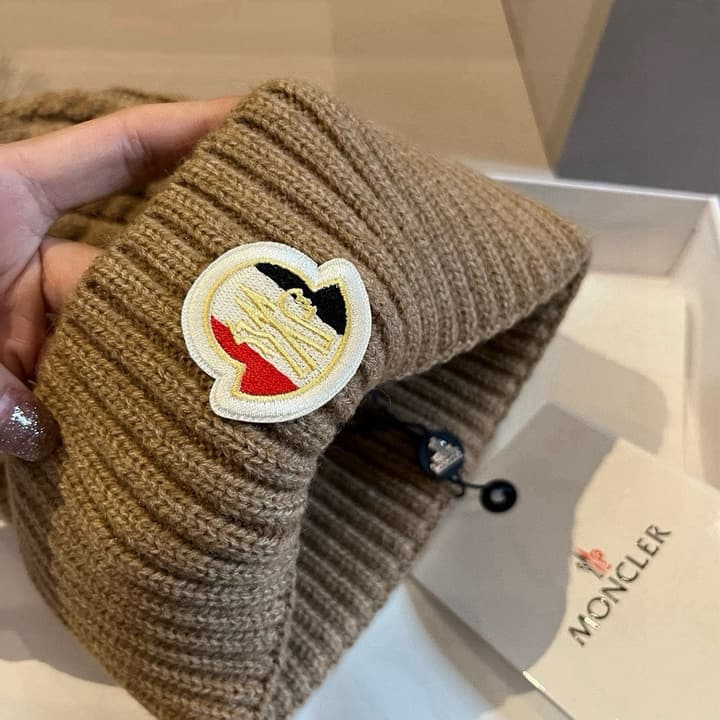 Moncler Knitted Scarf Hat Set in Camel Knit
