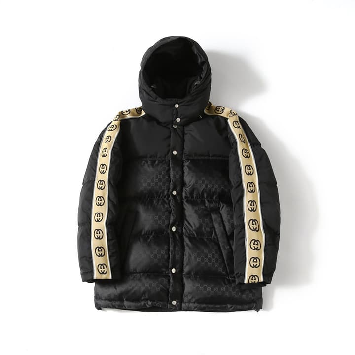 Gucci Double G Jacquard Reflective Runway Down Jacket in Black With Gg Webbing