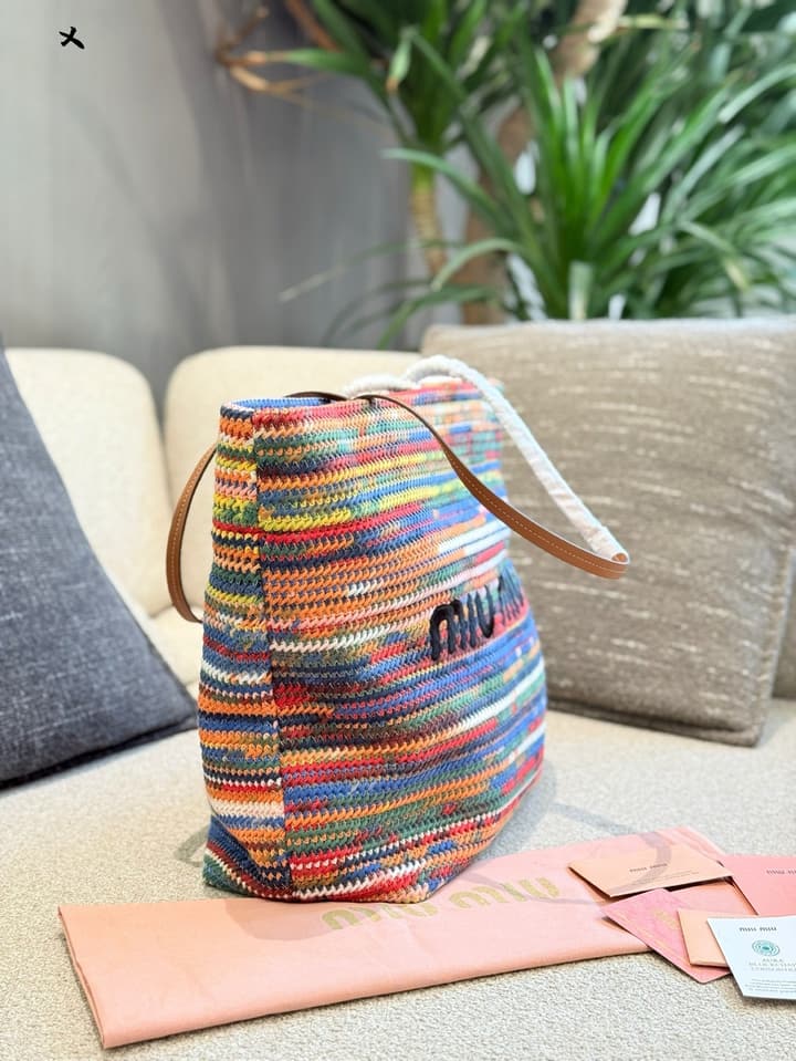 Miu Miu Rainbow Knit Crochet Tote Bag in Multi-Color Rainbow Knit
