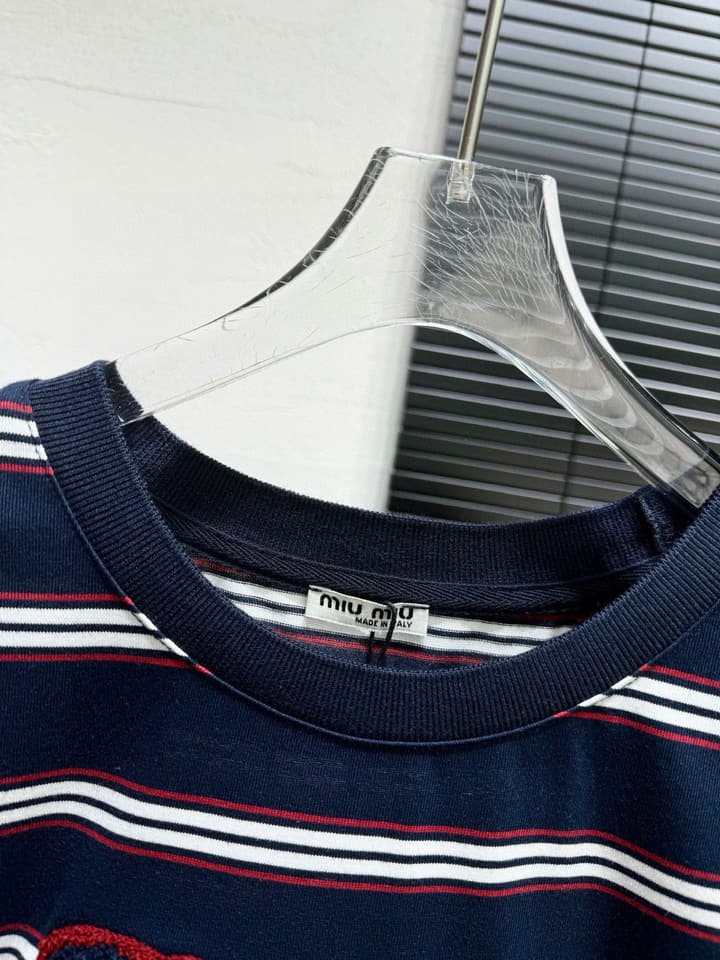 Miu Miu Embroidered Striped T-Shirt in Cream Striped