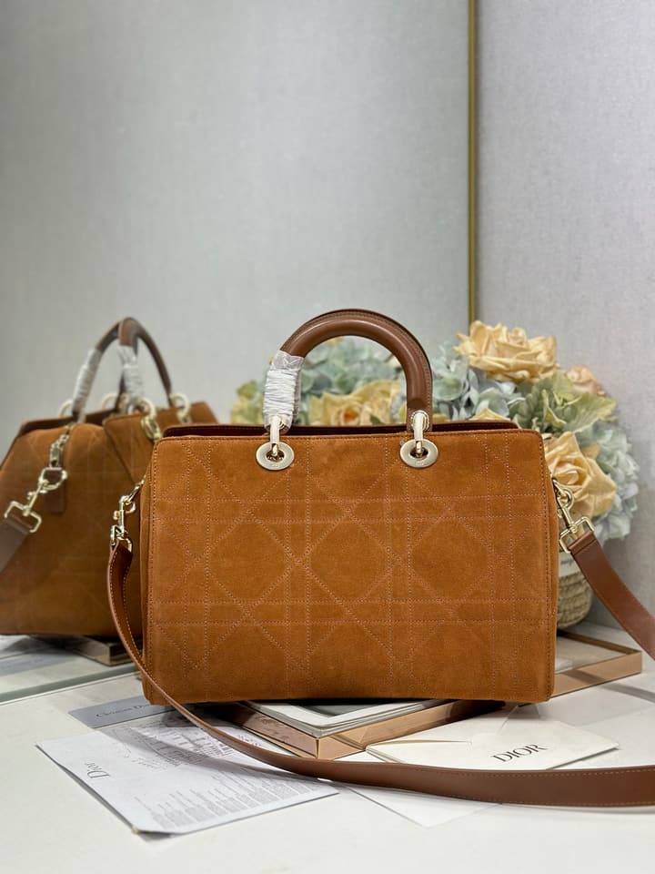 Dior Lady Dior Large Tote Bag in Brown Flocked Suede