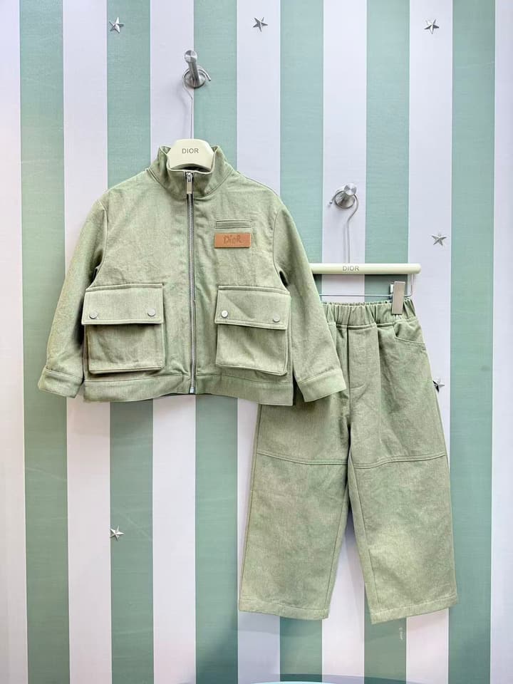 Dior Kids Two-Piece Outfit Set – Jacket and Washed Denim – 2025SS – Kids Collection in Light Sage Green Set