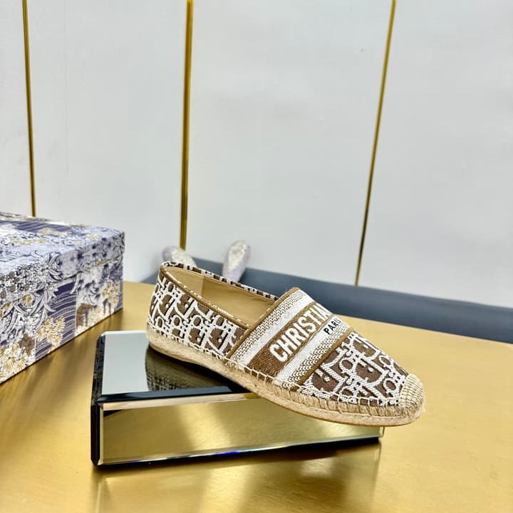 Dior Granville Embroidered Espadrille Flats in Beige/brown Oblique Pattern