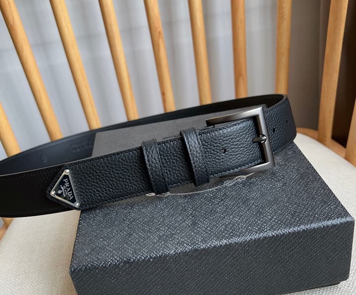 Prada Leather Belt with Triangle Logo in Black Leather Gold Buckle