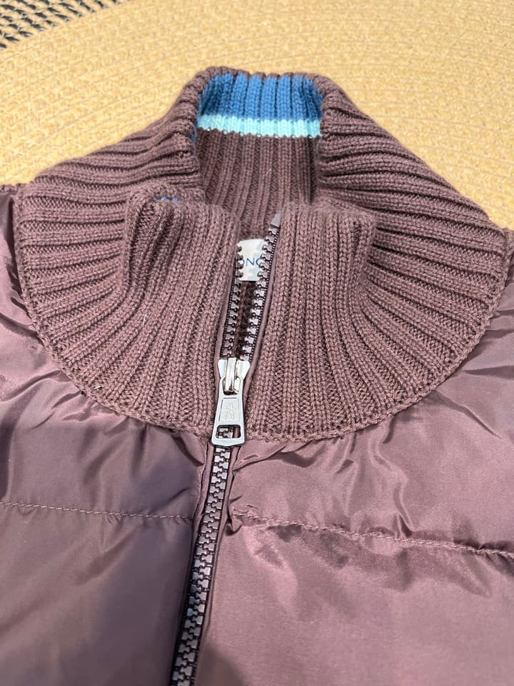 Moncler Knitted Patchwork Stand-Collar Jacket in Dark Brown