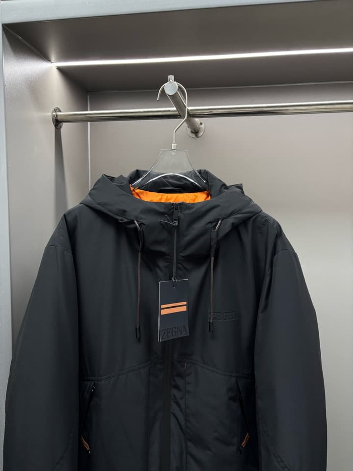 Zegna Letter Embossed Down Jacket in Classic Black