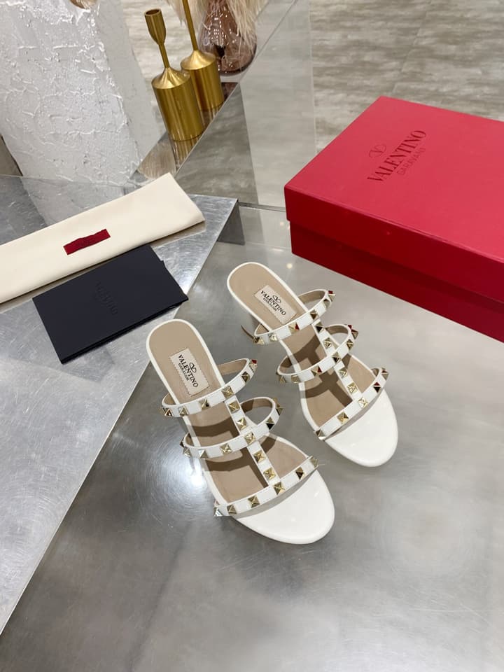 Valentino Rockstud Classic Block Heel Sandals in Nude With Gold Studs