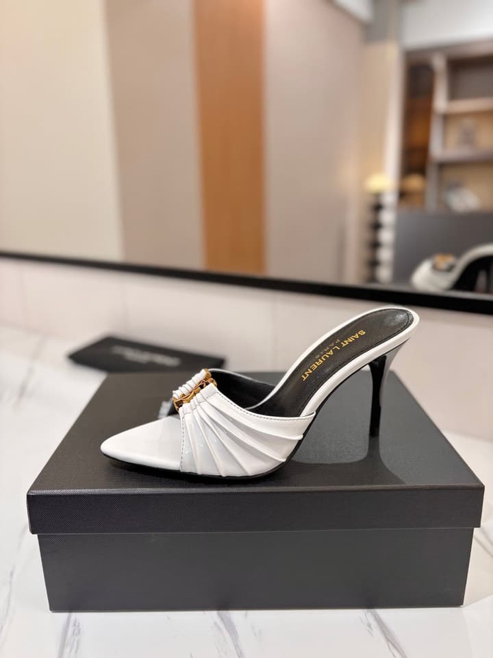 Saint Laurent Crystal Chain Patent Leather Heeled Sandals – 2025 Spring/Summer Collection in White Patent