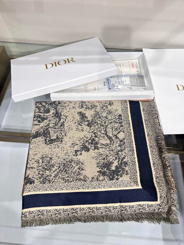 Dior Limited Edition Grey Shawl in Beige Blue Toile