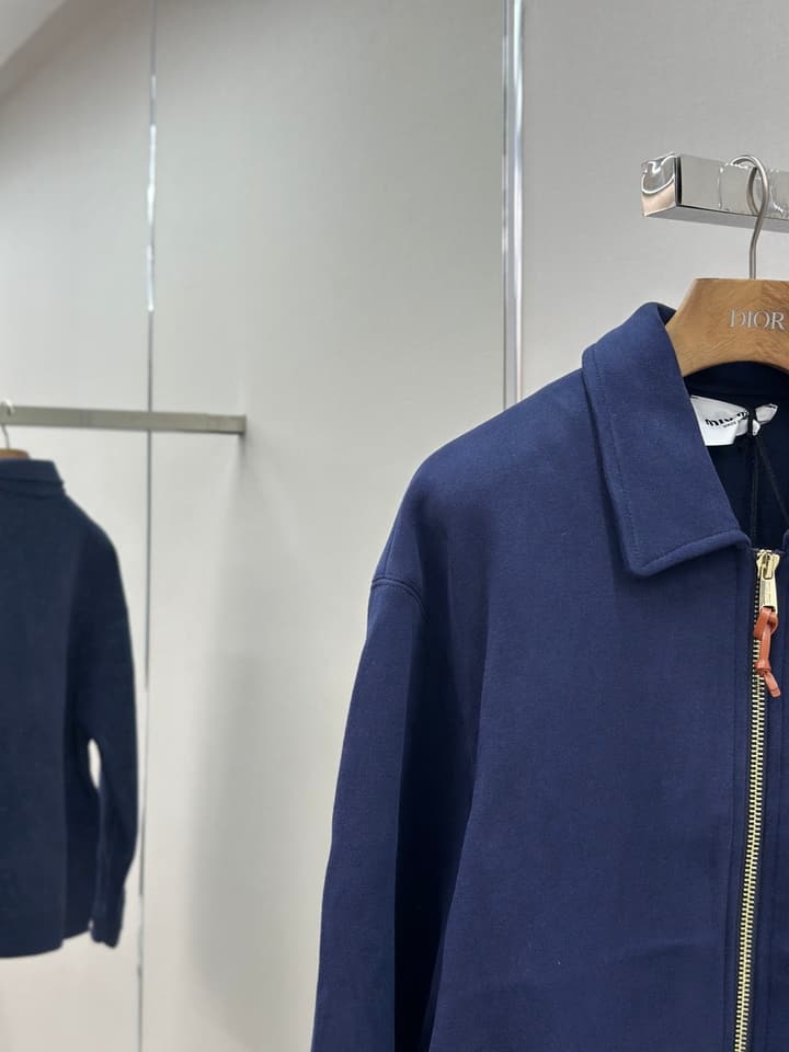 Miu Miu Embroidered Leather Patch Zipper Jacket in Dark Navy Blue
