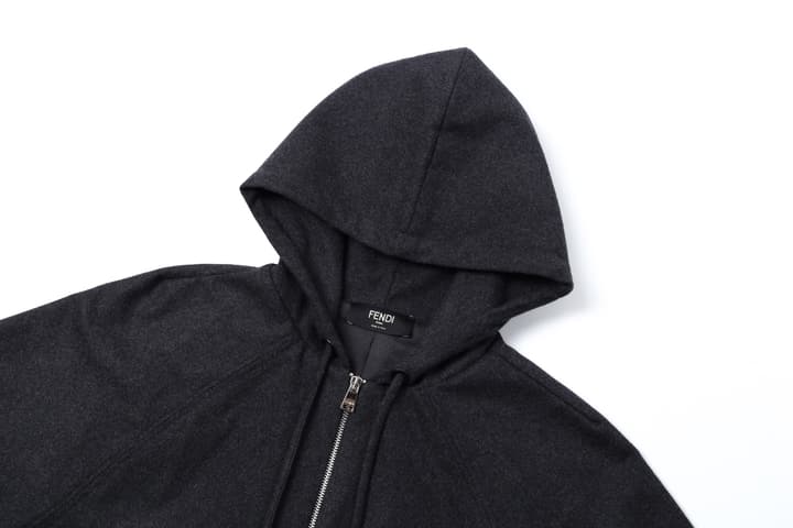 Fendi Hooded Zipper Cashmere Blend Jacket in Deep Charcoal Black