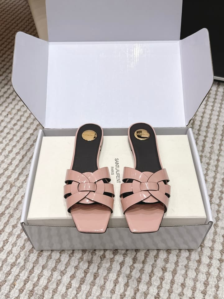 Saint Laurent Melody Square Toe Flat Sandals – 2026SS in Burgundy Patent