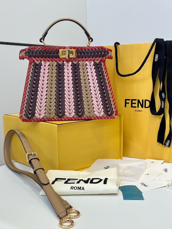 Fendi Peekaboo ISeeU Woven Leather Handbag in Blue Multi-stripe Woven