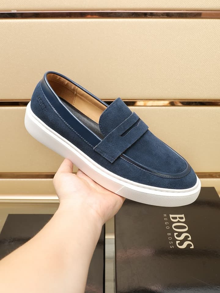 Boss Men's Luxury Leather Slip-On Loafers in Black Smooth Leather