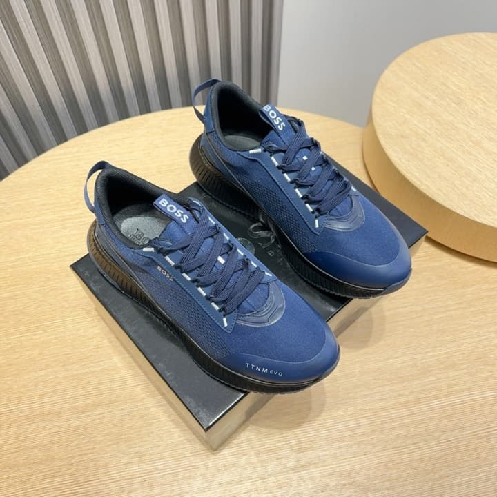 Boss Men's Layered Sport Sneakers in Black With White Sole