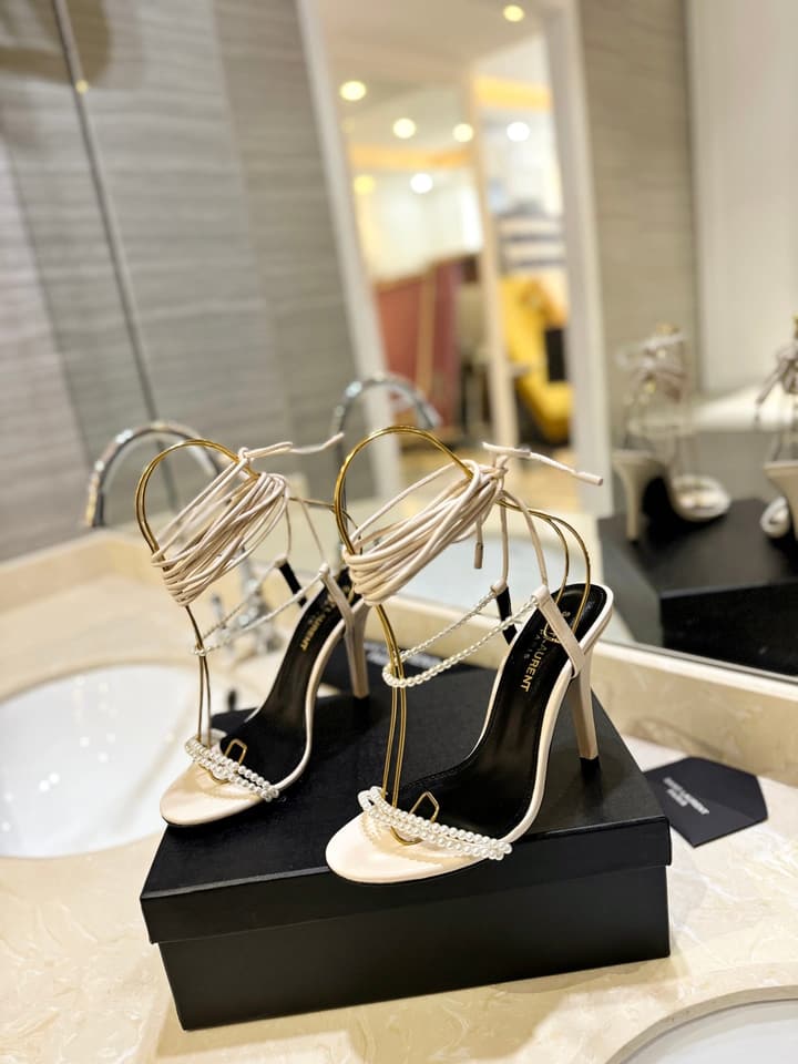 Saint Laurent YSL Pearl Strappy Heeled Sandals in All Black