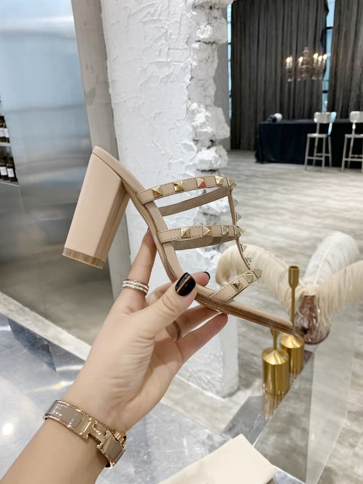 Valentino Studded Classic Block Heel Sandals in Beige