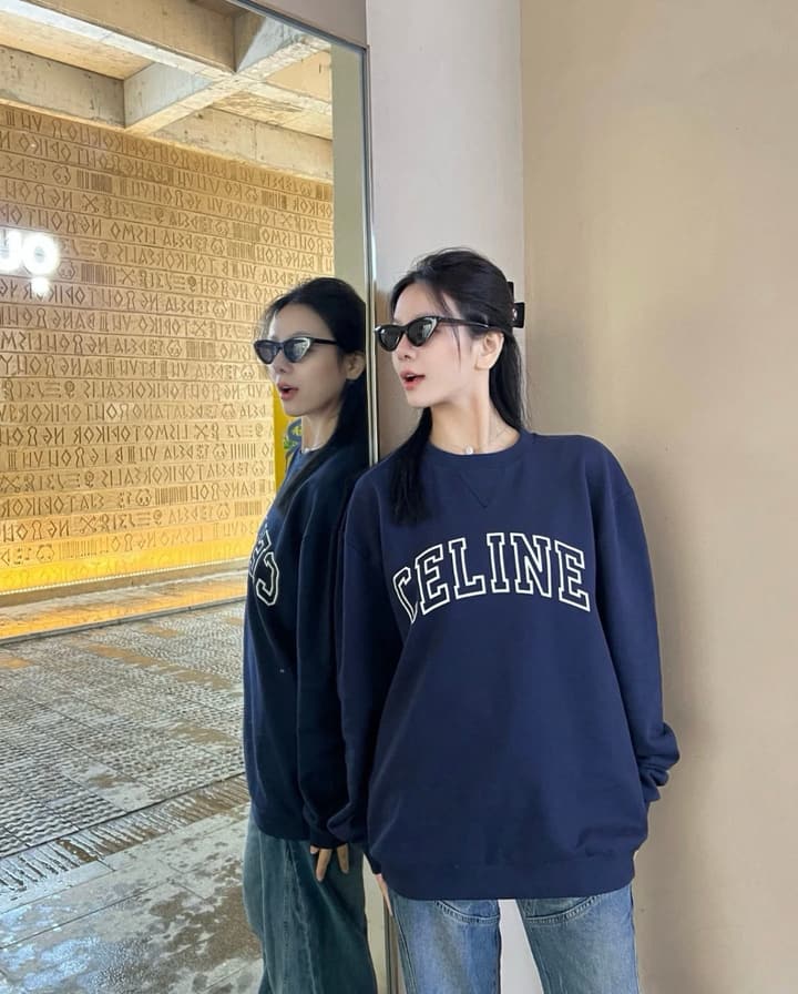 Celine Flocked Letter Pullover Sweatshirt – 2025FW in Navy Blue Folded