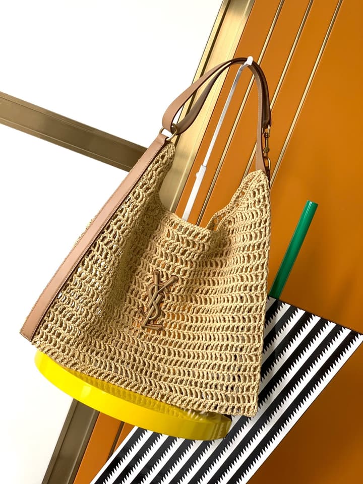 Saint Laurent OXALIS Raffia Crochet Shoulder Bag in Black