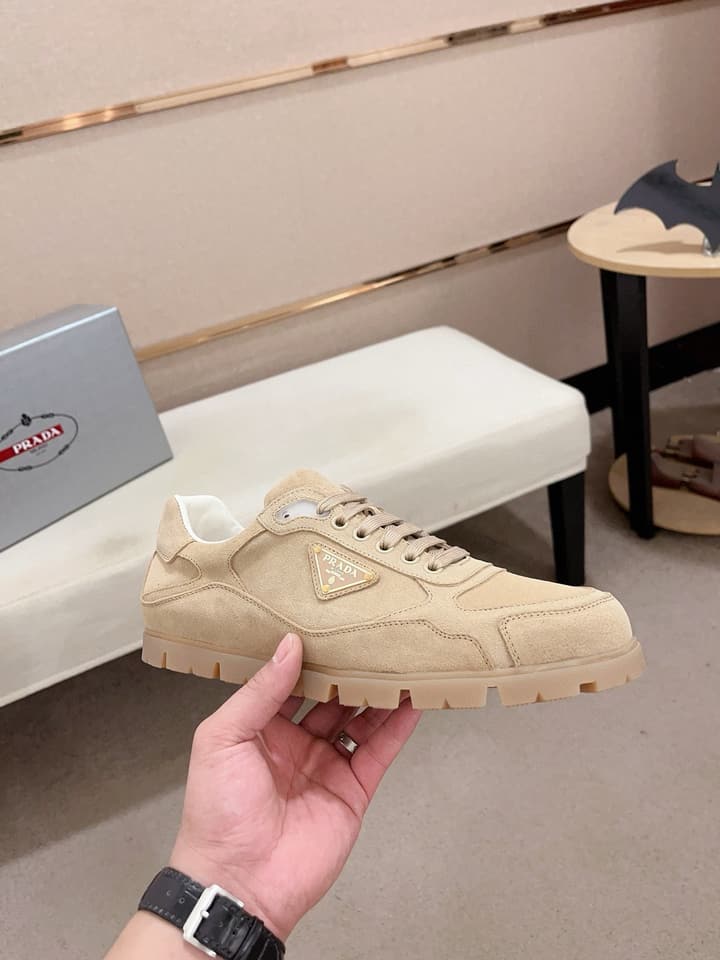Prada Men's Air Cushion Sneakers in Beige Suede