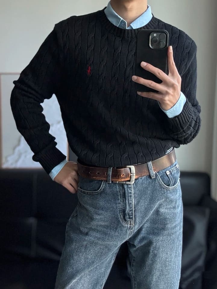 Ralph Lauren Cable Knit Crewneck Sweater in Black