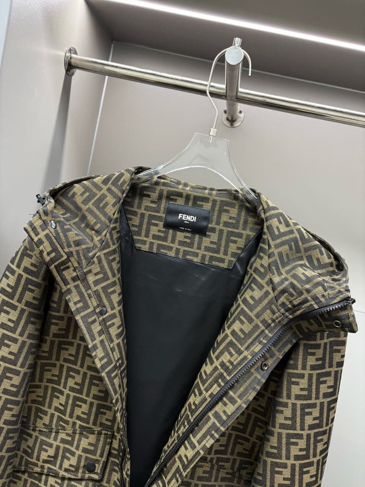 Fendi FF Jacquard Hooded Thin Jacket in Olive Brown Ff Jacquard