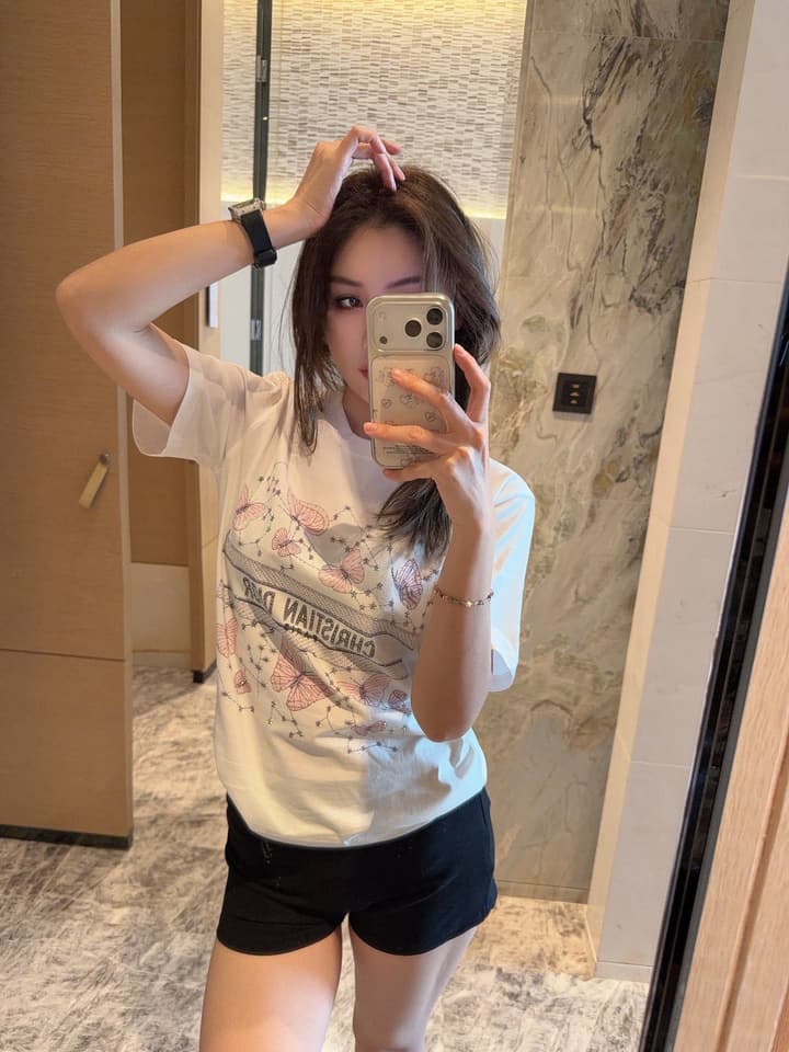 Dior Pink Butterfly Rhinestone Print T-Shirt in White With Pink Butterfly Print