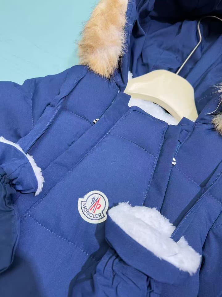 Moncler Classic Infant Padded Romper – 2025FW in Deep Blue With Fur Trim