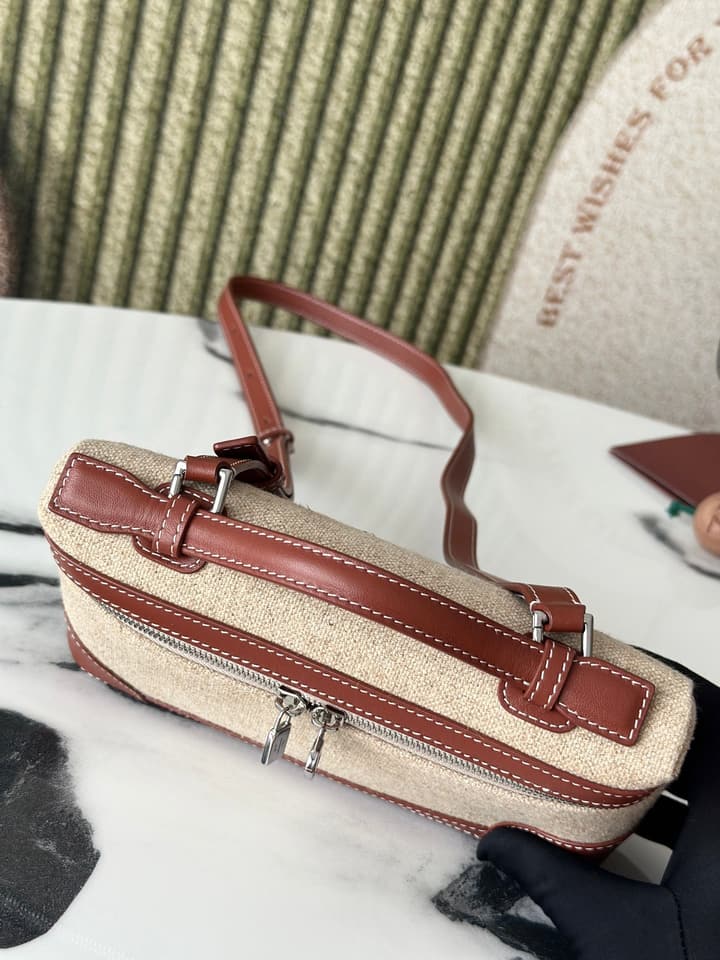 Loro Piana L19 Canvas Crossbody Bag – Spring/Summer Resort Collection in Beige Canvas With Burgundy Trim