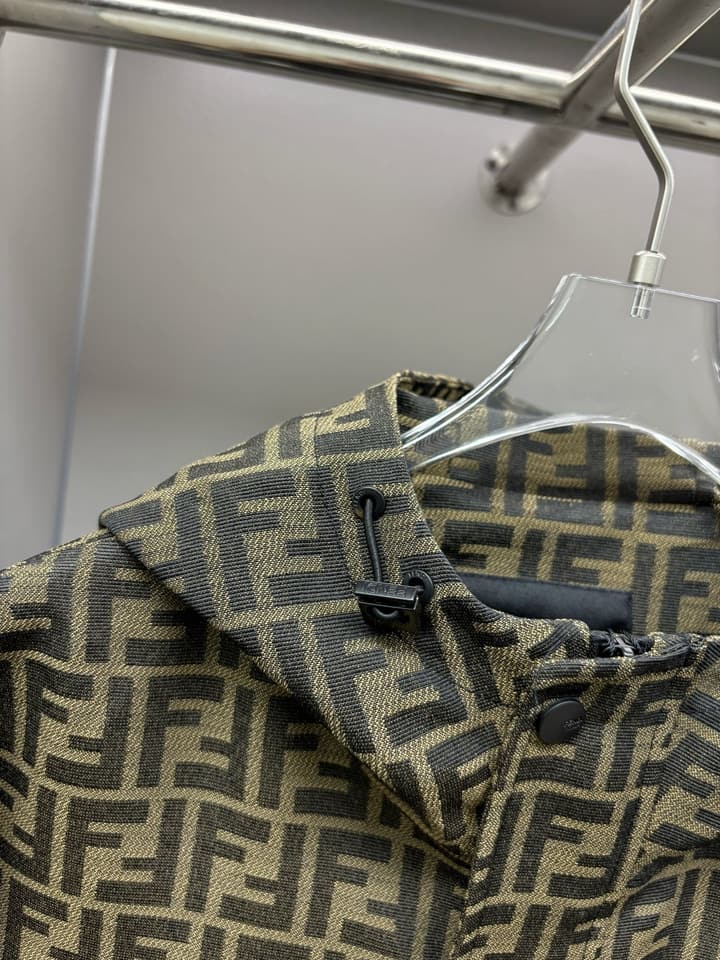 Fendi FF Jacquard Hooded Thin Jacket in Olive Brown Ff Jacquard