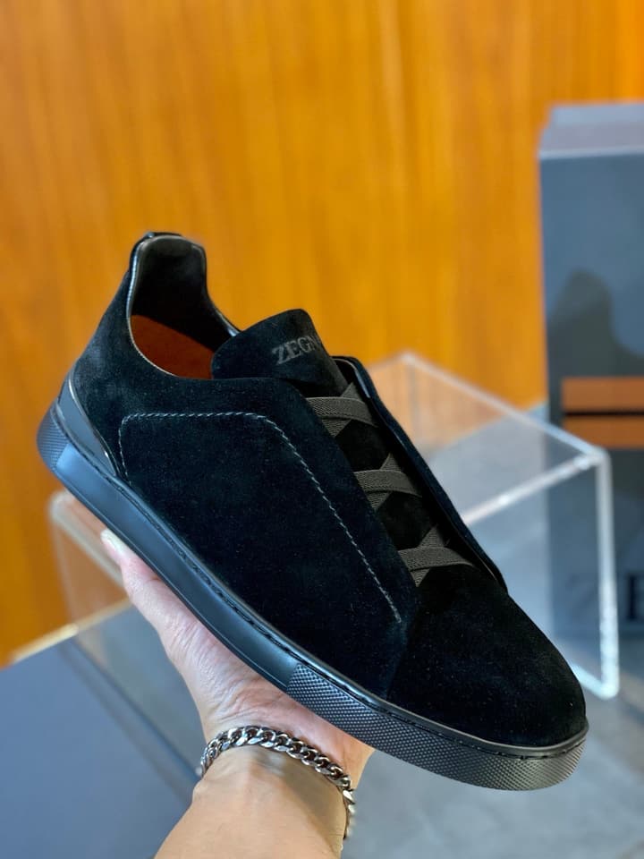 Zegna Triple Stitch Leather Sneakers in Black Smooth Leather