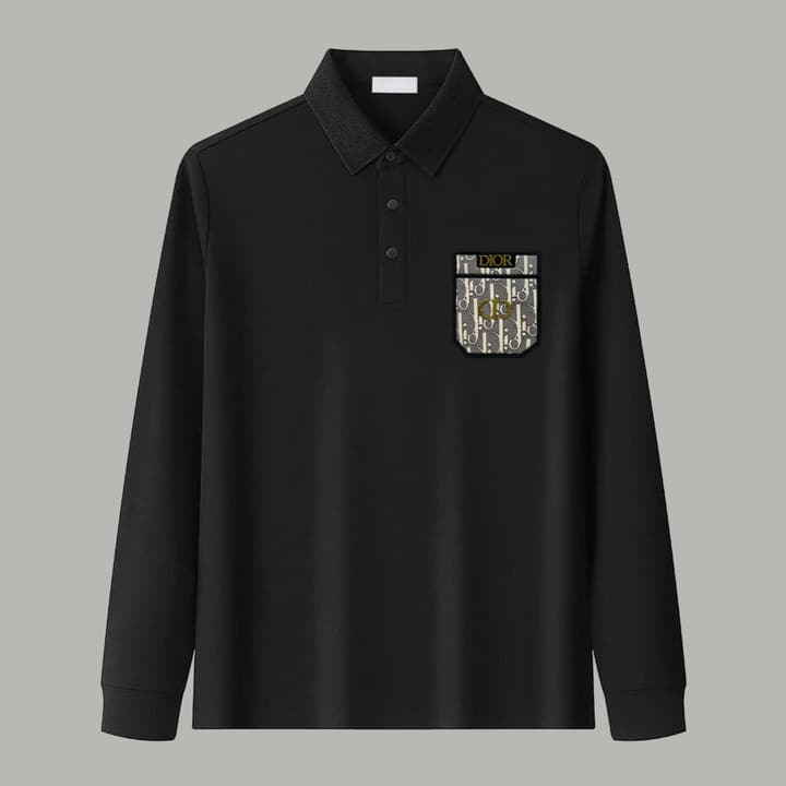 Dior Silk Long Sleeve Polo Shirt with Metal Patch in White With Solid Pocket