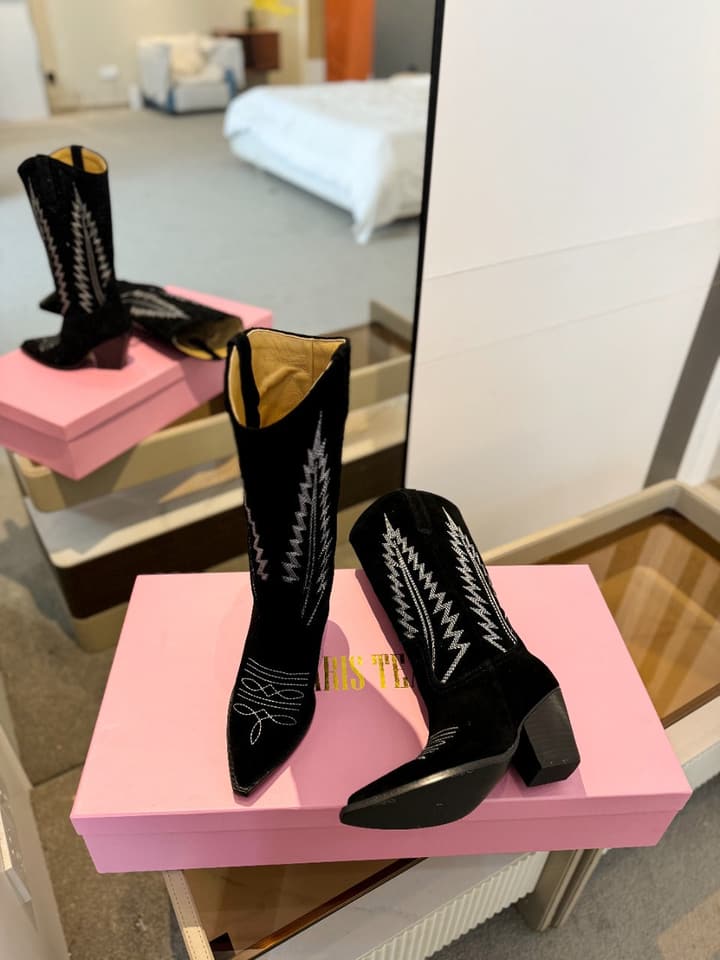 Paris Texas Embroidered Knee-High Boots in Black Suede