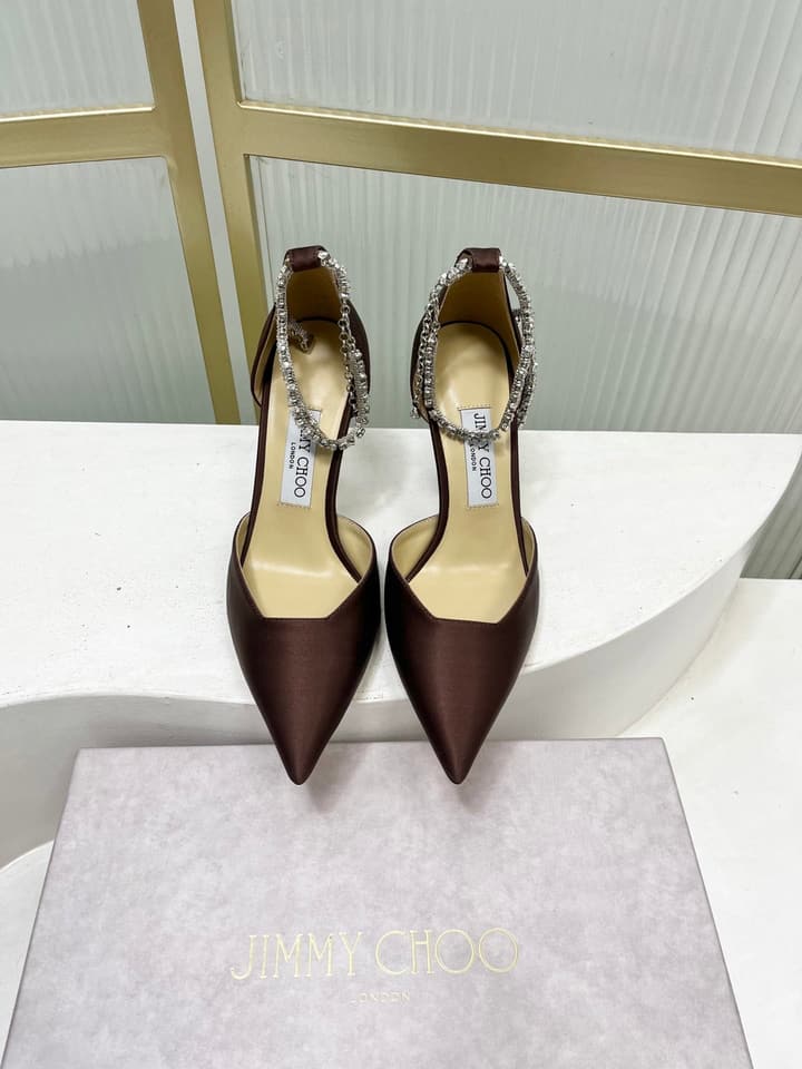 Jimmy Choo Stevie 100 Satin Bow Heels in Brown Satin