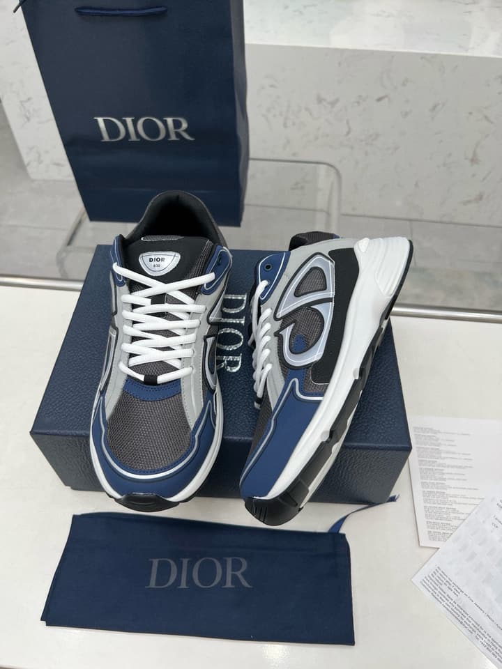 Dior B30 Unisex Mesh and Leather Sneakers in Navy Blue And Grey