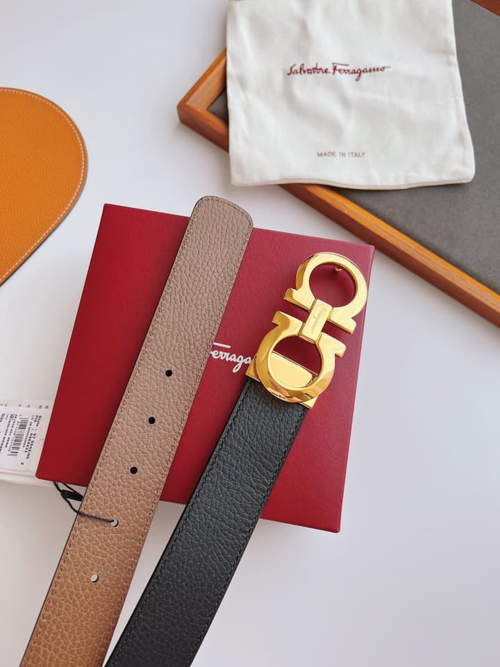 Ferragamo Men's Reversible Leather Belt in Black/brown Reversible With Gold Buckle