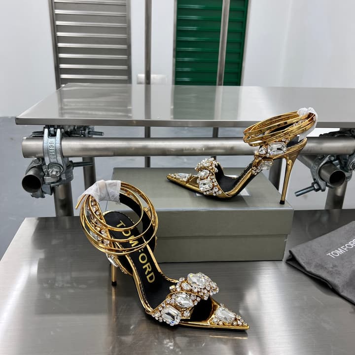 Tom Ford Gold Crystal Heeled Sandals in Metallic Gold