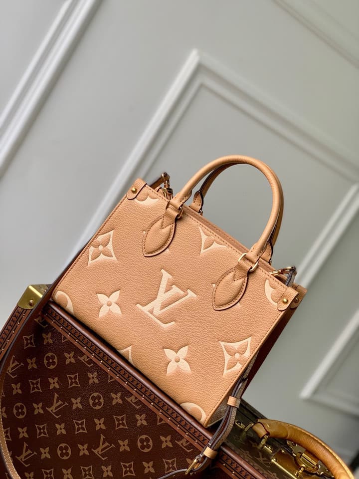 Louis Vuitton OnTheGo Small Tote Bag in Light Tan Embossed Monogram