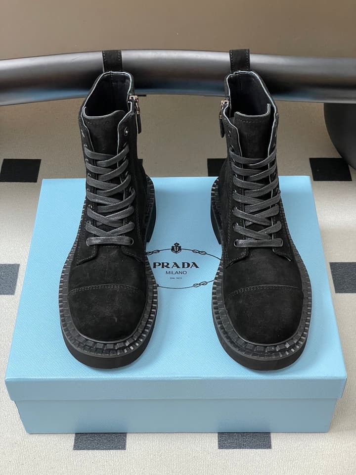 Prada Triangle Logo Combat Boots – 25SS in Black Suede