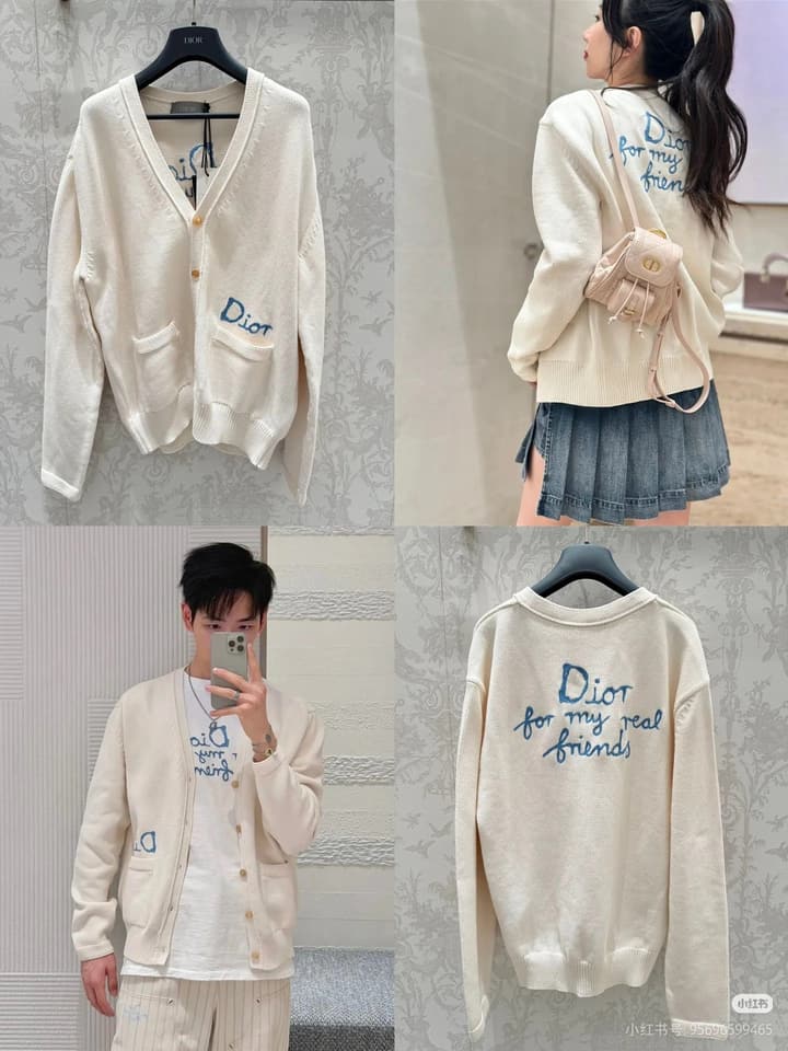 Dior CD Letter Embroidered Knit Cardigan – 2025 Fall in Cream Beige