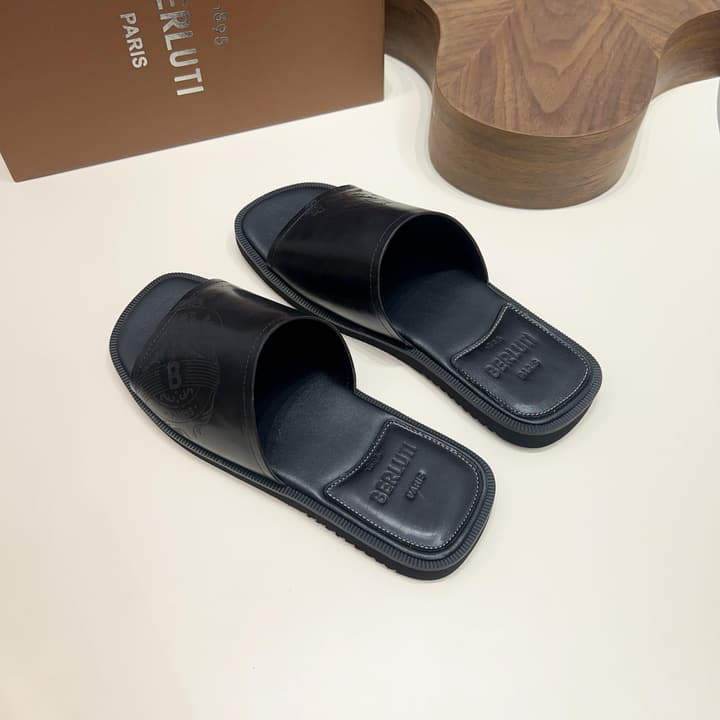 Berluti Hand-Painted Calfskin Slippers in Matte Black