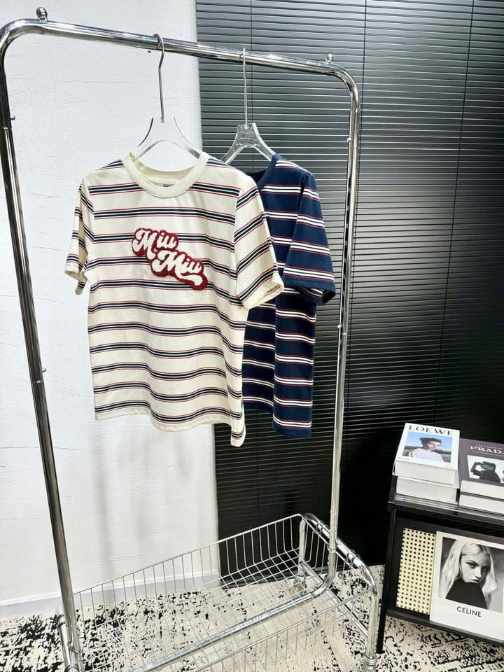 Miu Miu Embroidered Striped T-Shirt in Cream Striped