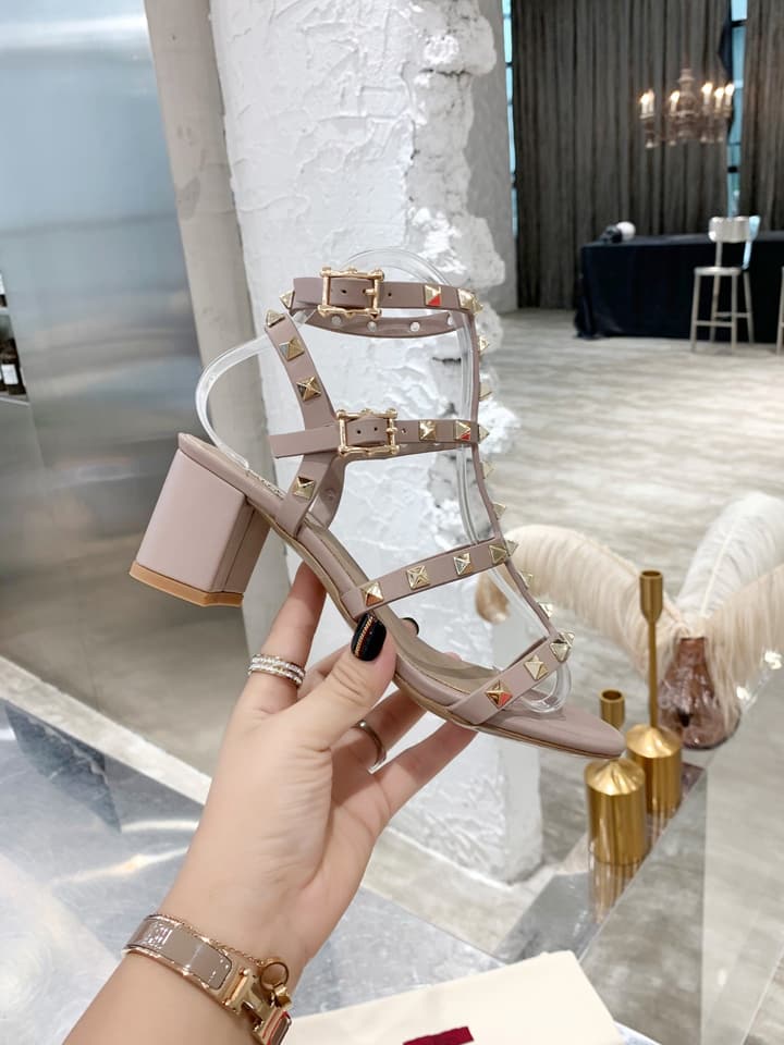 Valentino Studded Classic Block Heel Sandals in Black With Black Studs 6.5cm Heel
